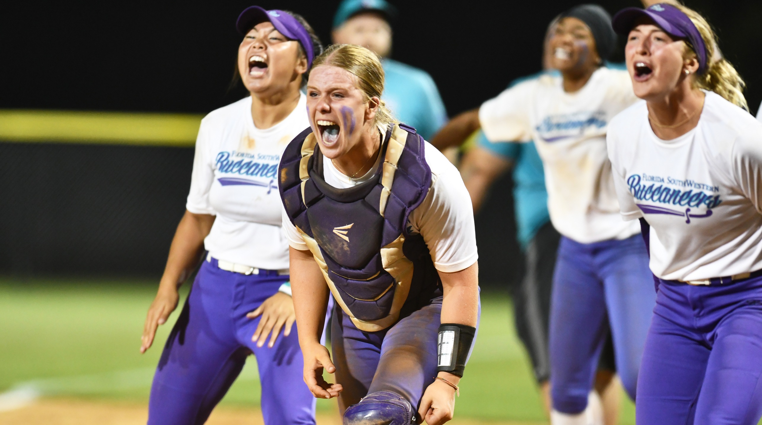 Sietske Drijvers celebrates the Bucs taking the lead late against Seminole State in their NJCAA World Series win (Photo by Roy Allen)