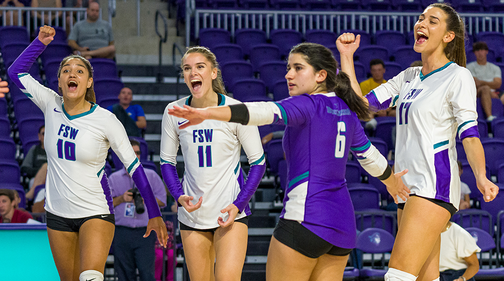 The Bucs celebrate a point in Wednesday's win over Eastern Florida State (Photo by Linwood Ferguson/CaptivePhotons.com)